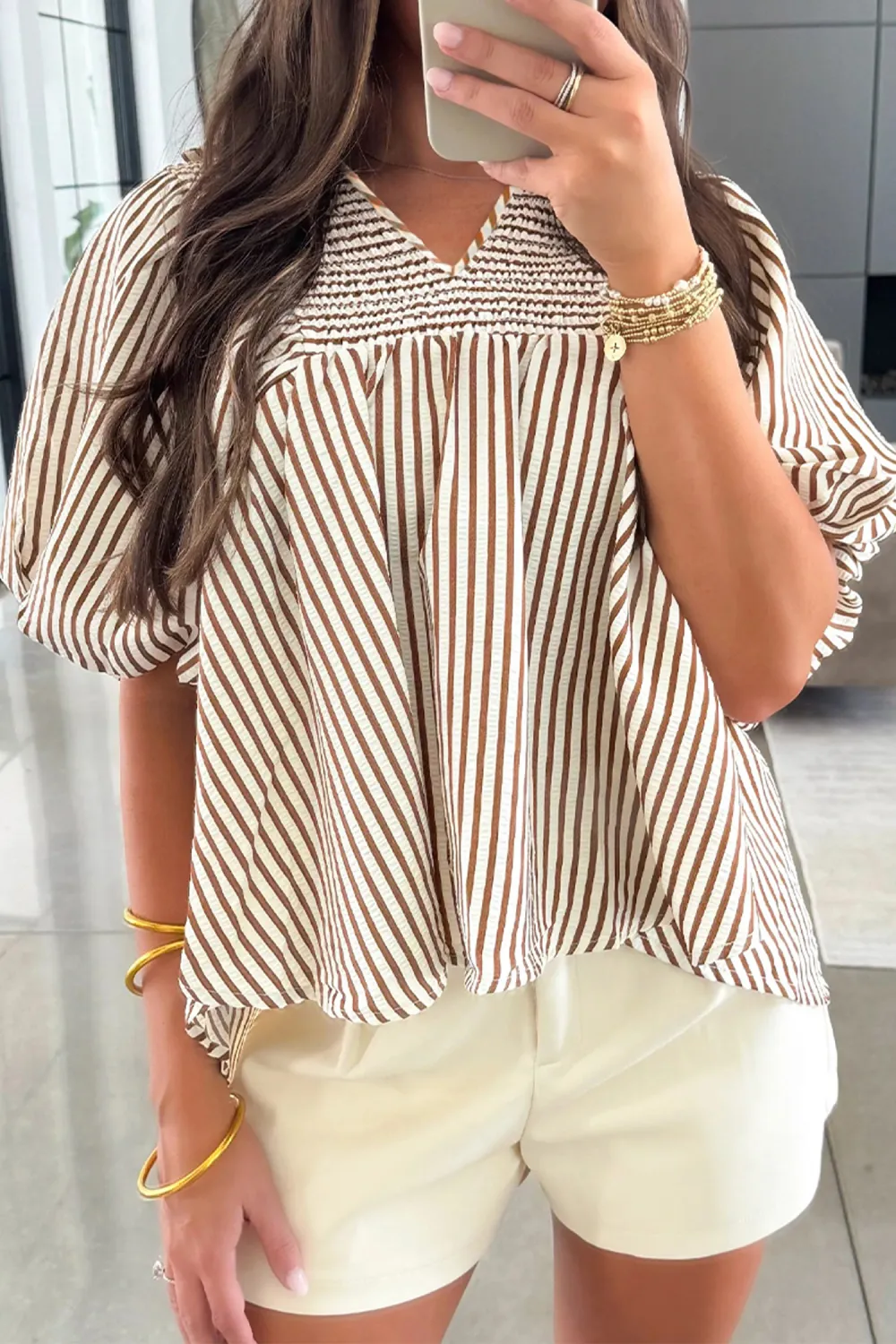 Brown Stripe Shirred V Neck Blouse