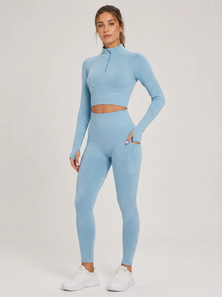 Women's Sky Blue Quarter-Zip Cropped Top and Leggings Set