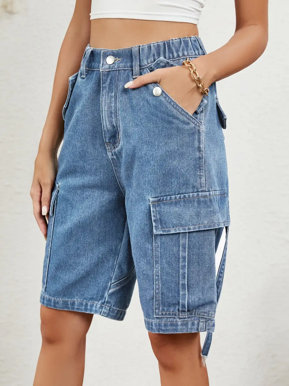 Tailored High Waist Denim Shorts with Pockets
