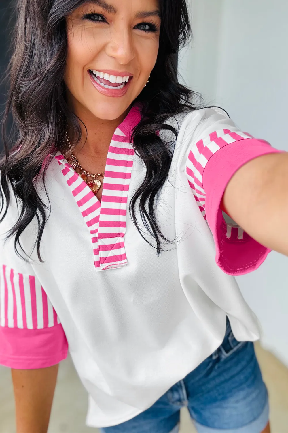 White Striped Block Patchwork Polo Tee