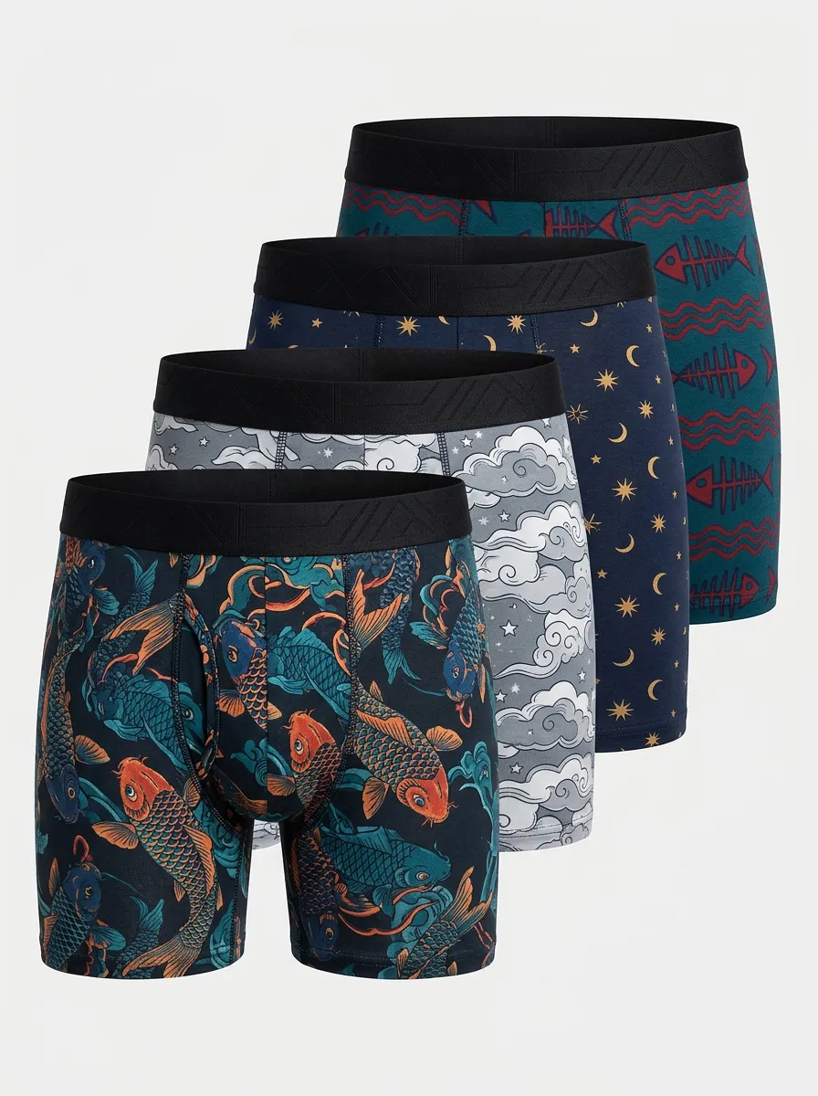 Men's Japanese Koi Fish and Celestial 4-Pack Boxer Briefs