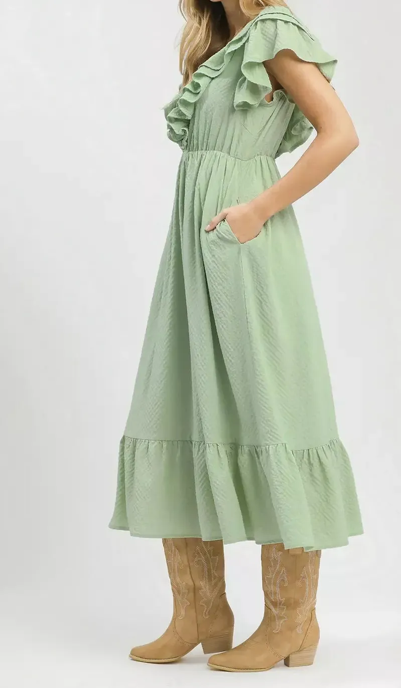 Textured Textured Ruffle Midi Dress