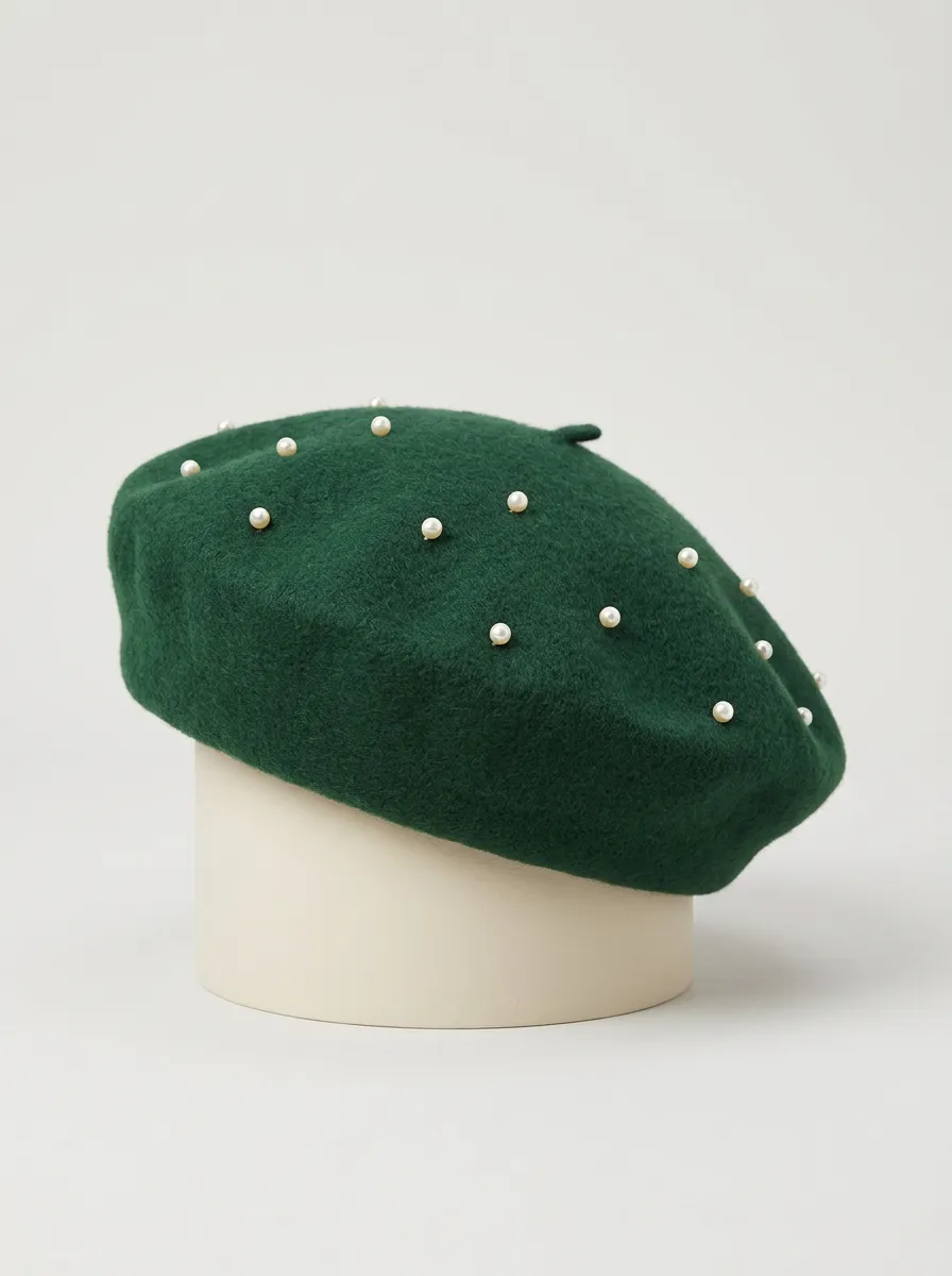 Unisex Green Faux Pearl Embellished Beret