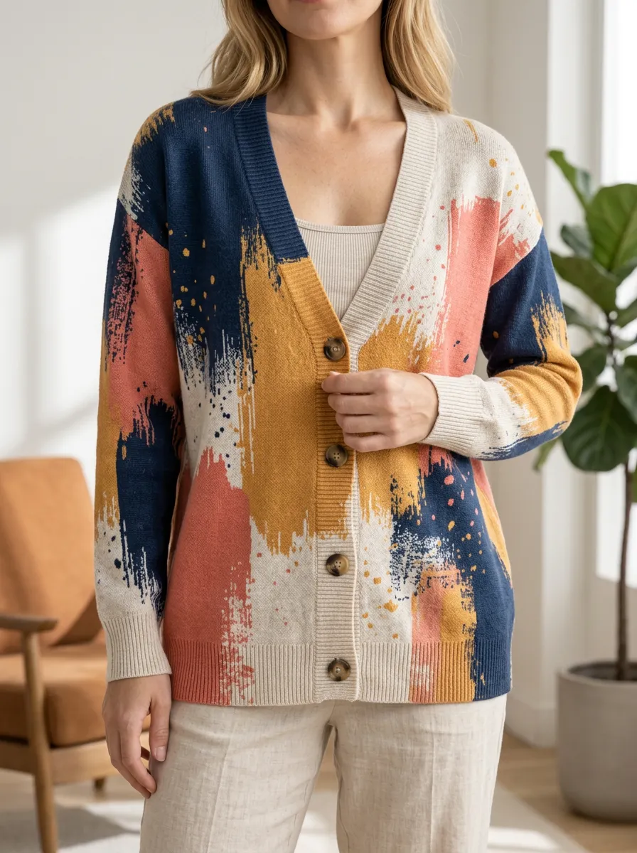 Women's Abstract Brushstroke Pattern Printed Long Sleeve Easygoing Weekend Cardigan