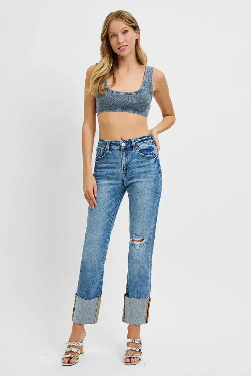 Balanced High Waist Wide Leg Cuffed Denim Jeans