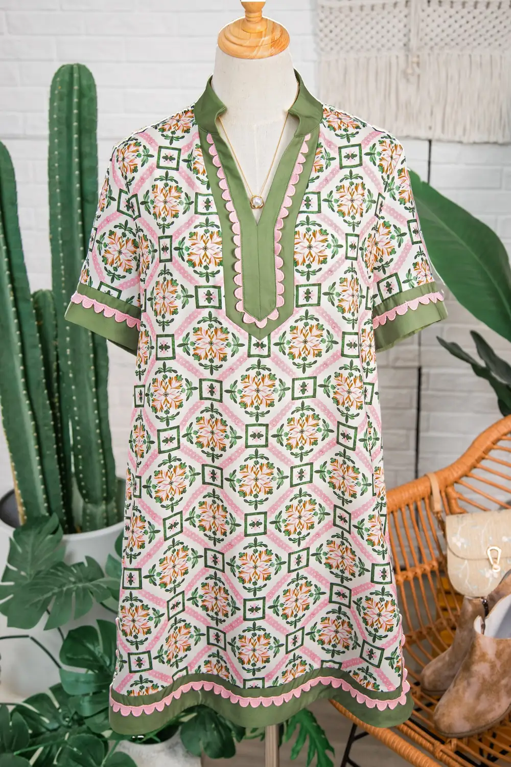 Floral Geometric Print Short Sleeve Mini Dress