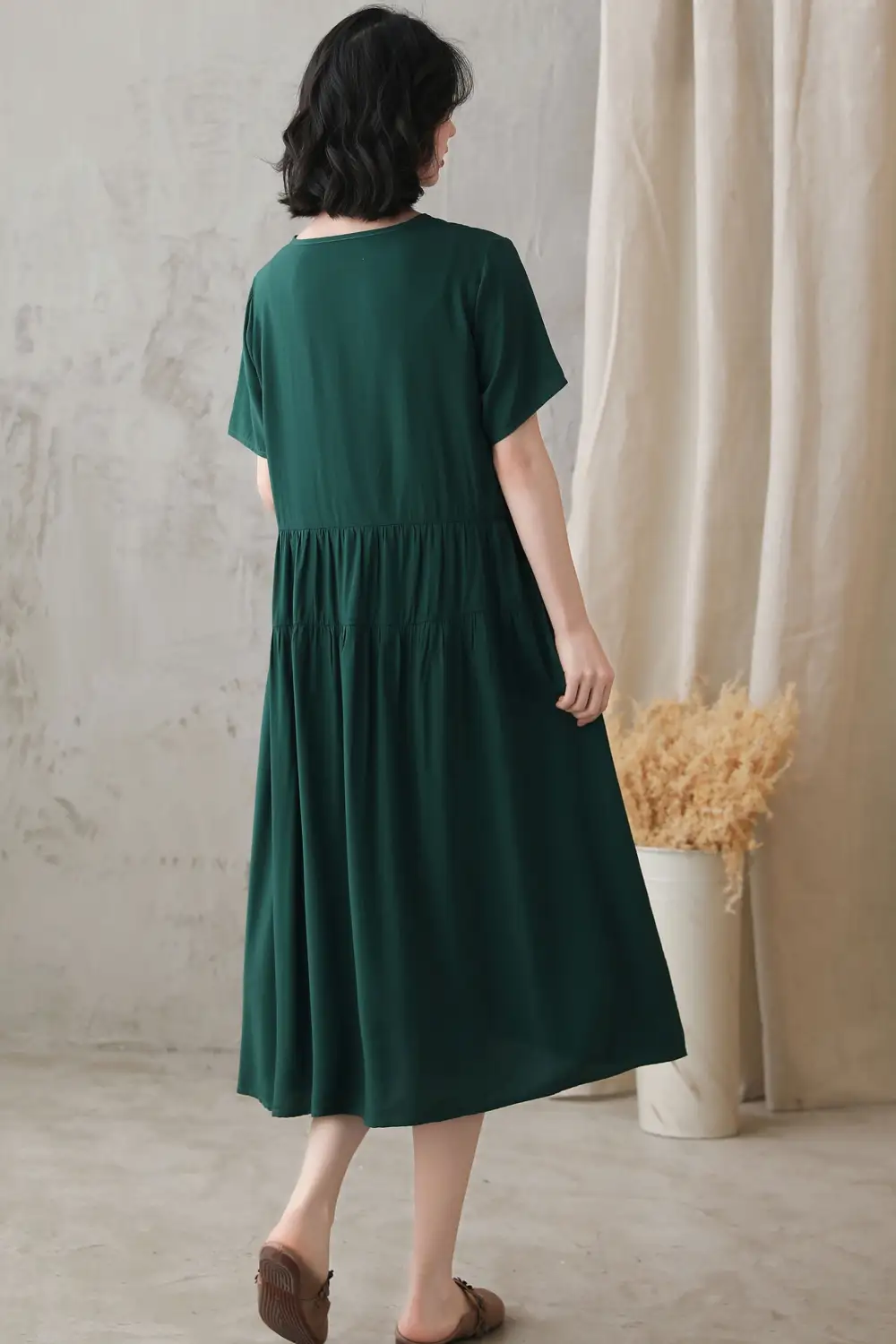 Refined Cotton Blend Pleated Short Sleeve Midi Dress