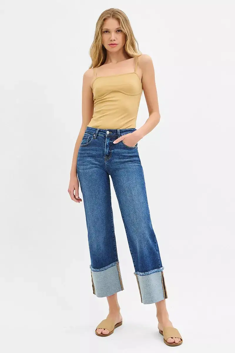 Mid Rise Wide Leg Cuffed Denim Jeans