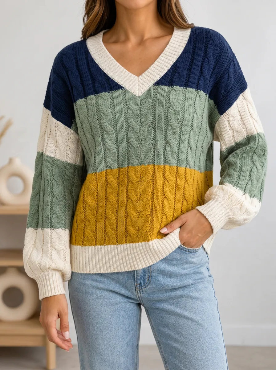 Colorblock Meets Cable Knit in a V Neck Pullover