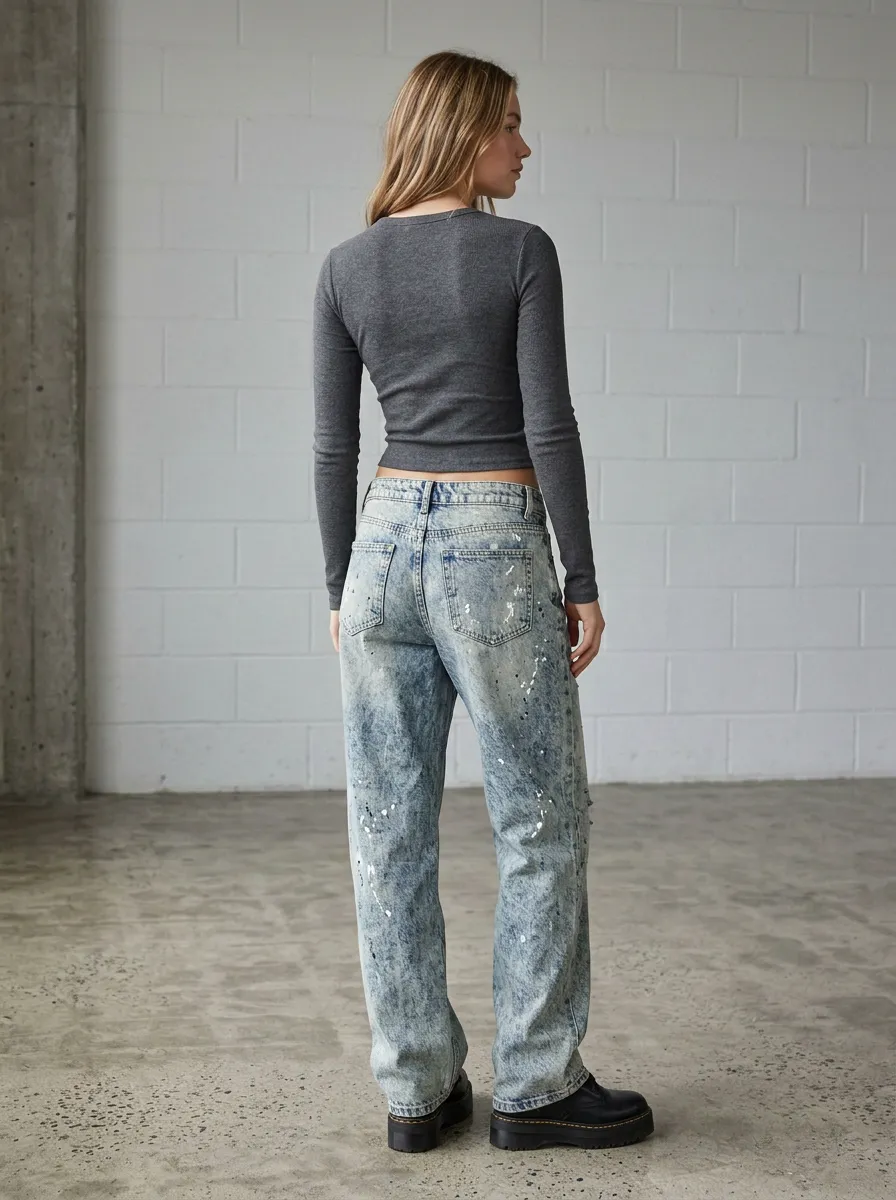 Women's Distressed Acid Wash Paint Splatter Printed Jeans
