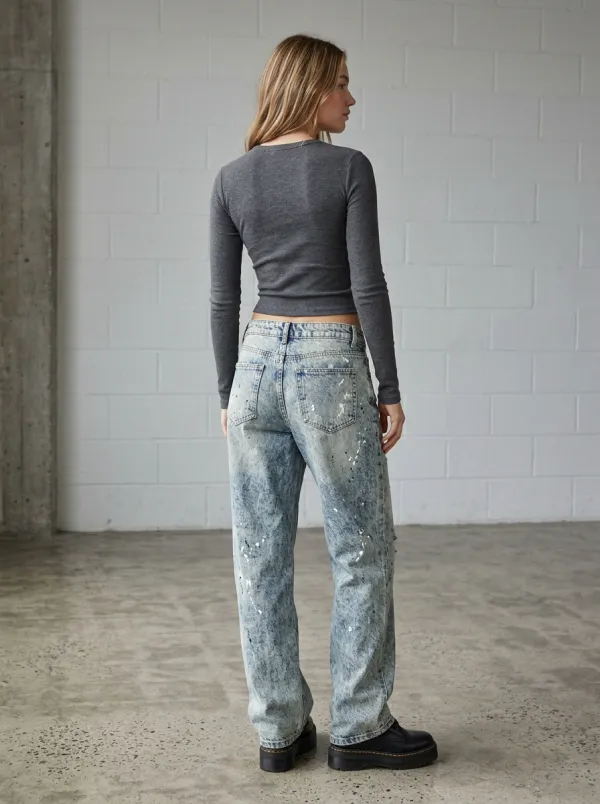 Women's Distressed Acid Wash Paint Splatter Printed Jeans
