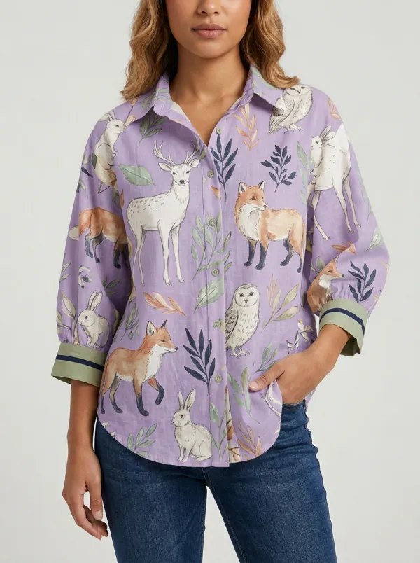 Women's Woodland Animal Forest Deer Fox Printed Button-up Shirt