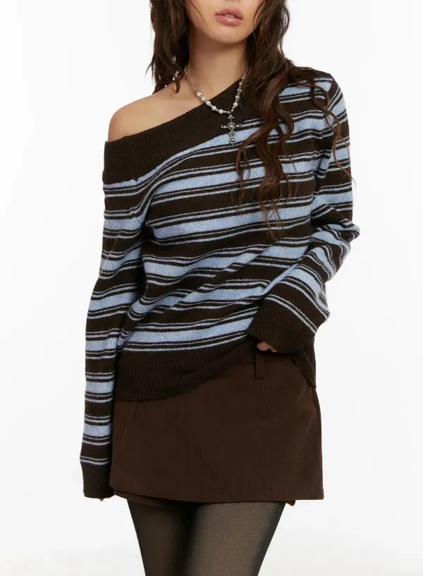 Striped Off-Shoulder Knit Sweater