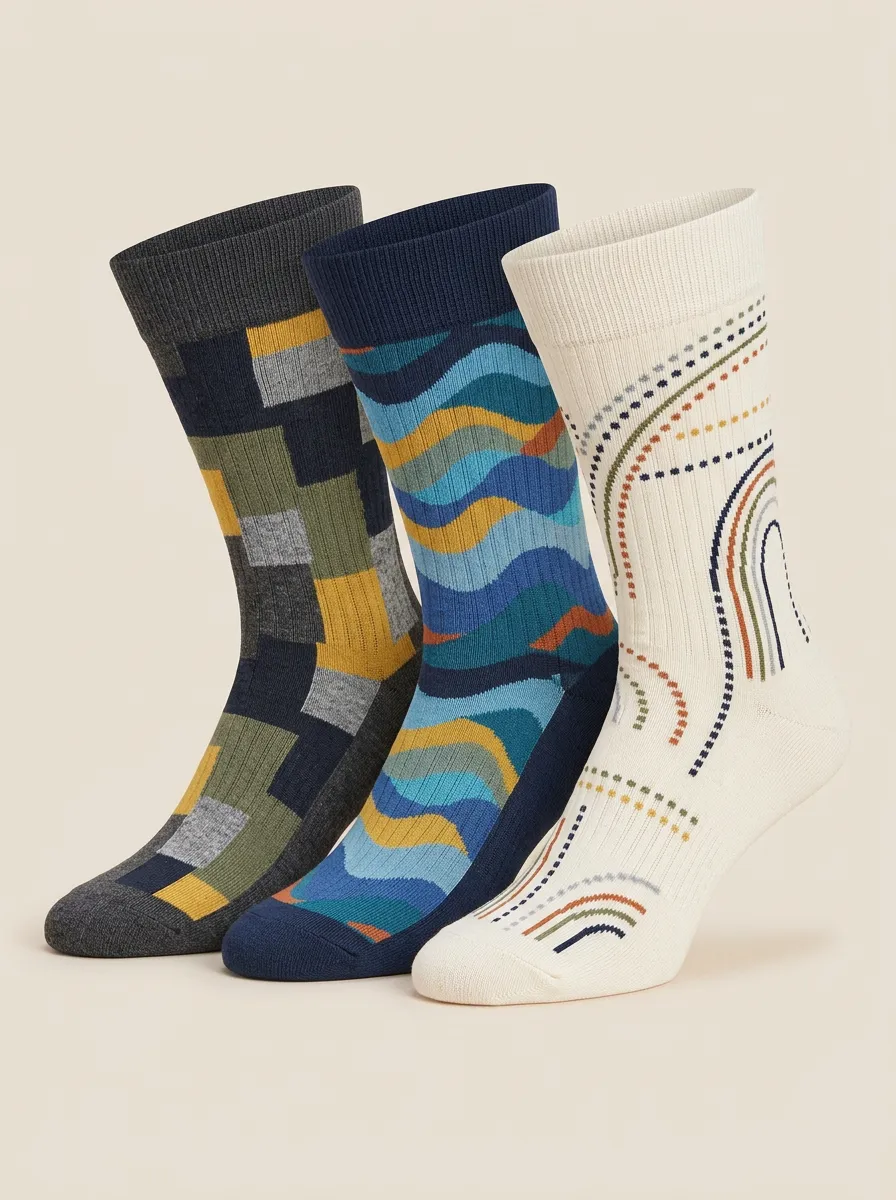Men's Geometric Wave Rainbow Printed Three-Pack Socks