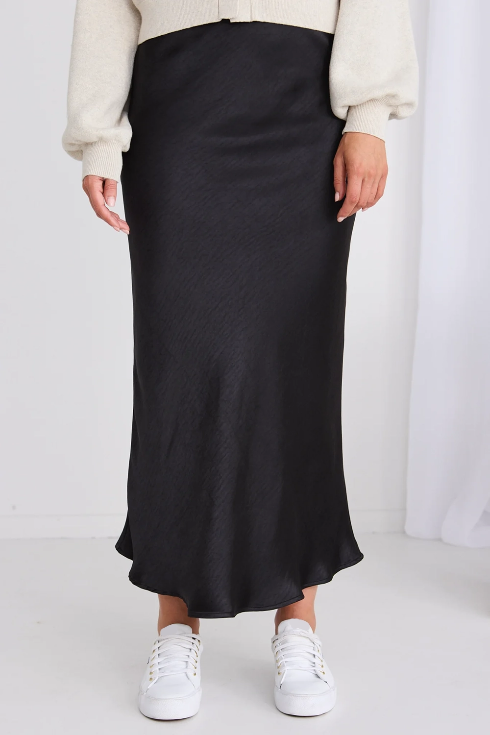 Black Satin Flared Midi Skirt