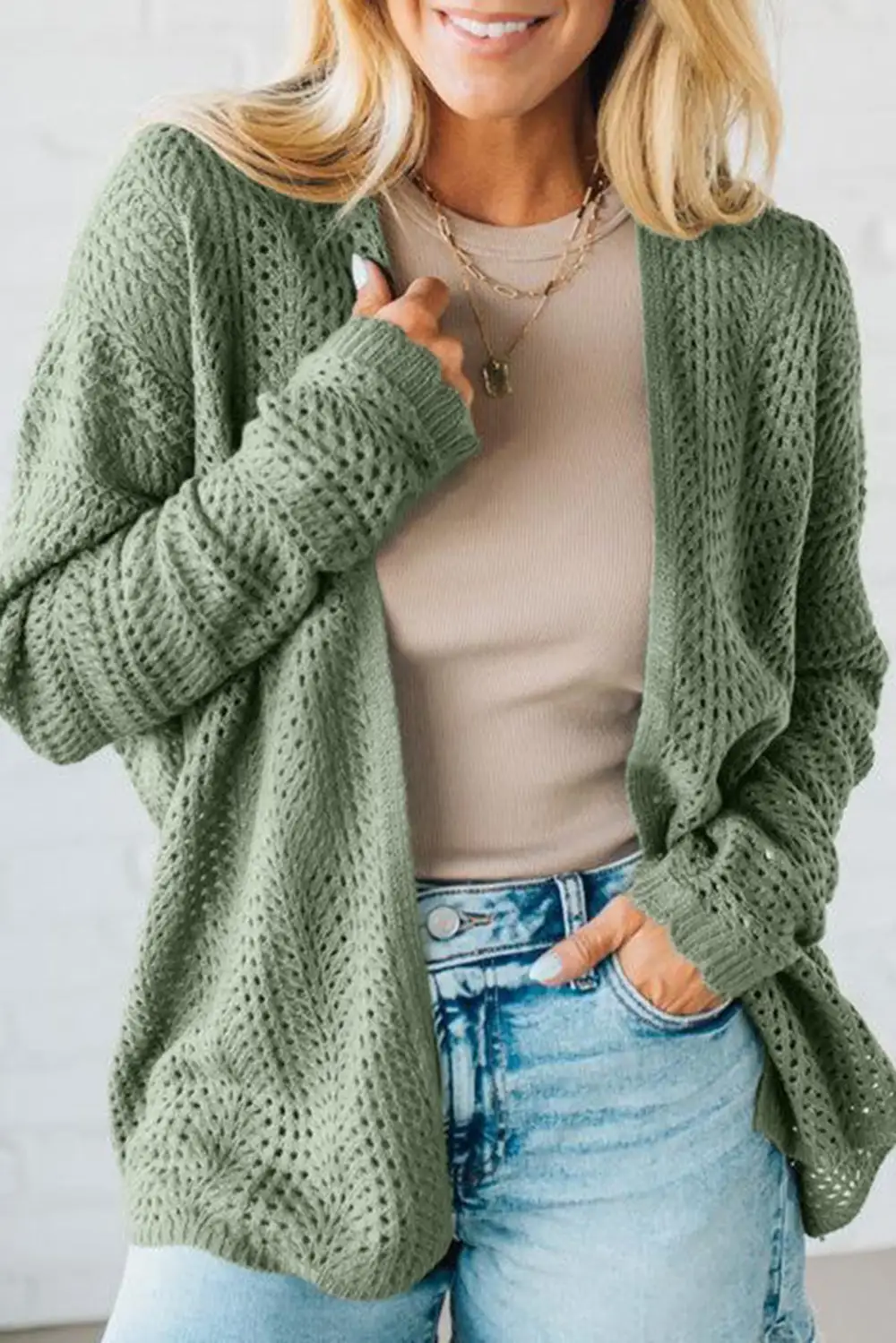Scalloped Edge Eyelet Knit Batwing Sleeve Cardigan