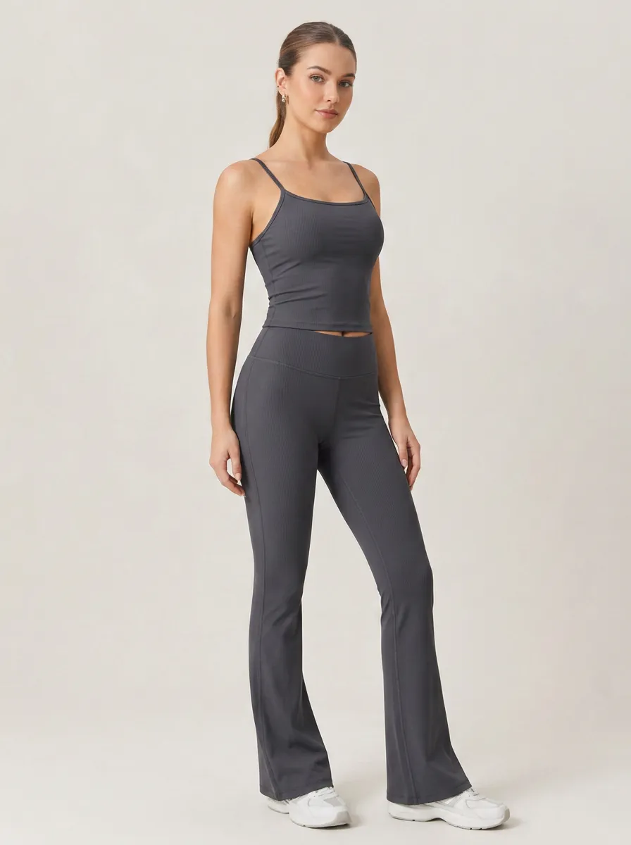 Women's Yoga Fitness Charcoal Ribbed Camisole Flare Legging Set