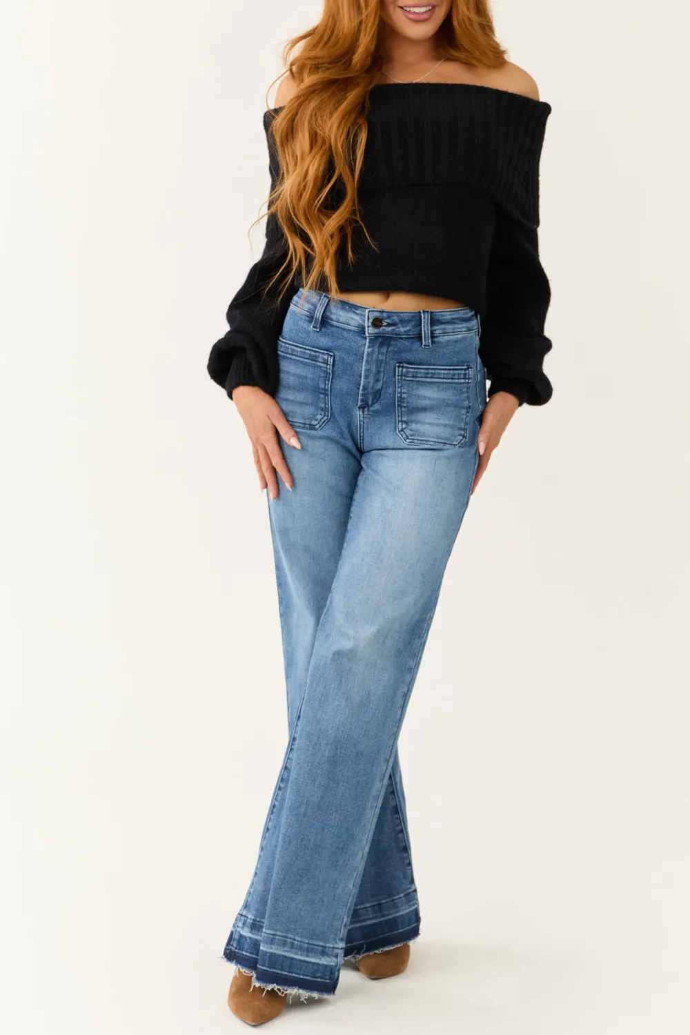 Medium Wash Ombre Hem Flared JEANS