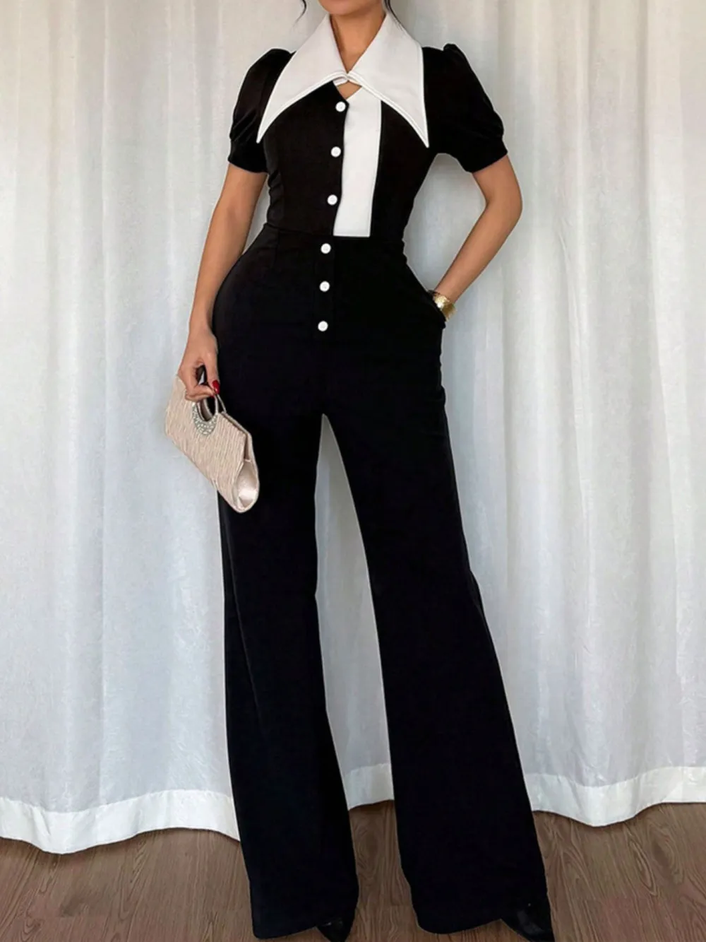 Contrast Button Down Wide Leg Jumpsuit