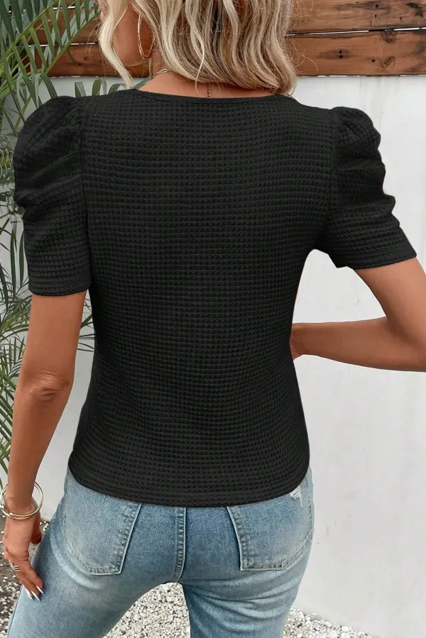 Black Waffle Knit Ruched Puff