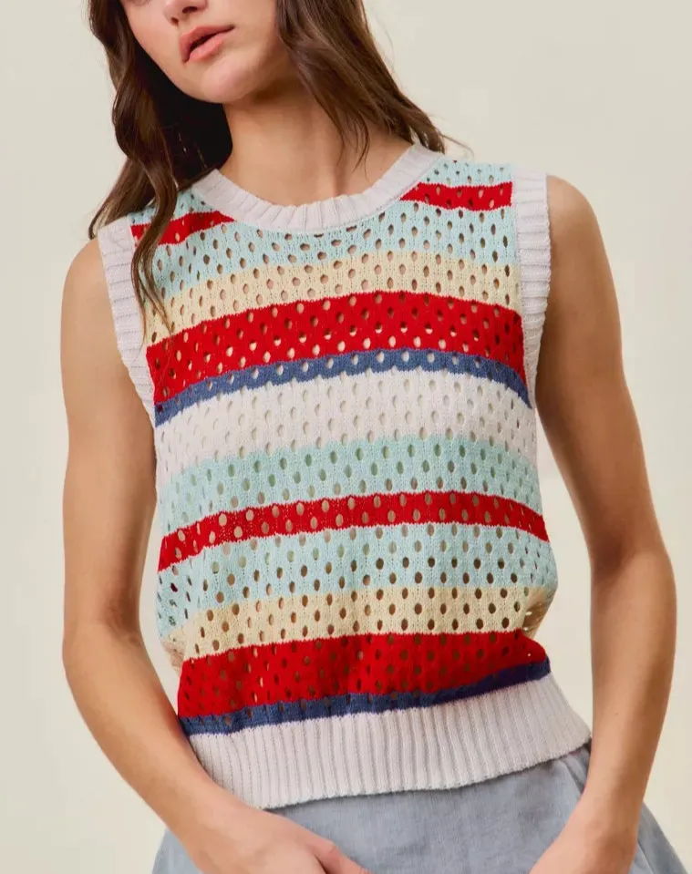 Tie-Back Sweater-Knit Striped High-Waisted Tank Top