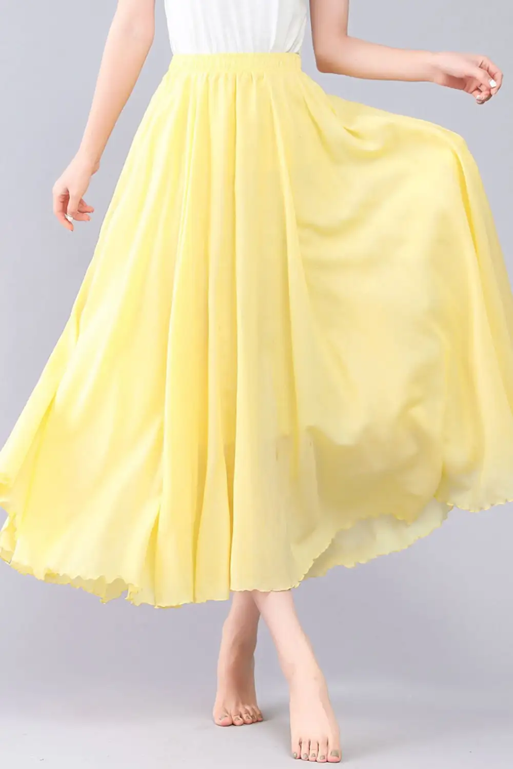Checkered Linen Cotton Pleated Circle Elastic Waist Maxi Skirt
