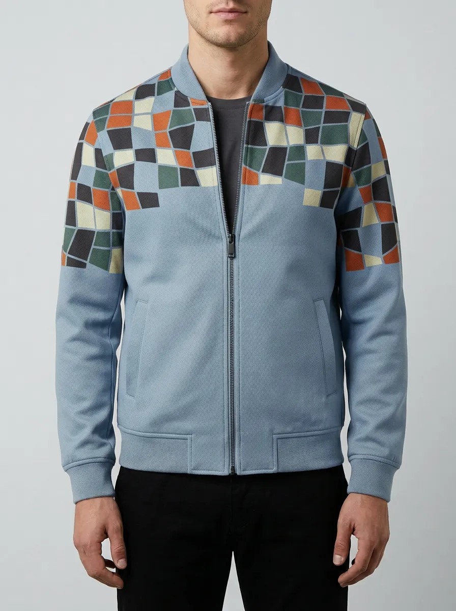 Geometric Print Ribbed Trim Sleeve Detail Bomber Jacket