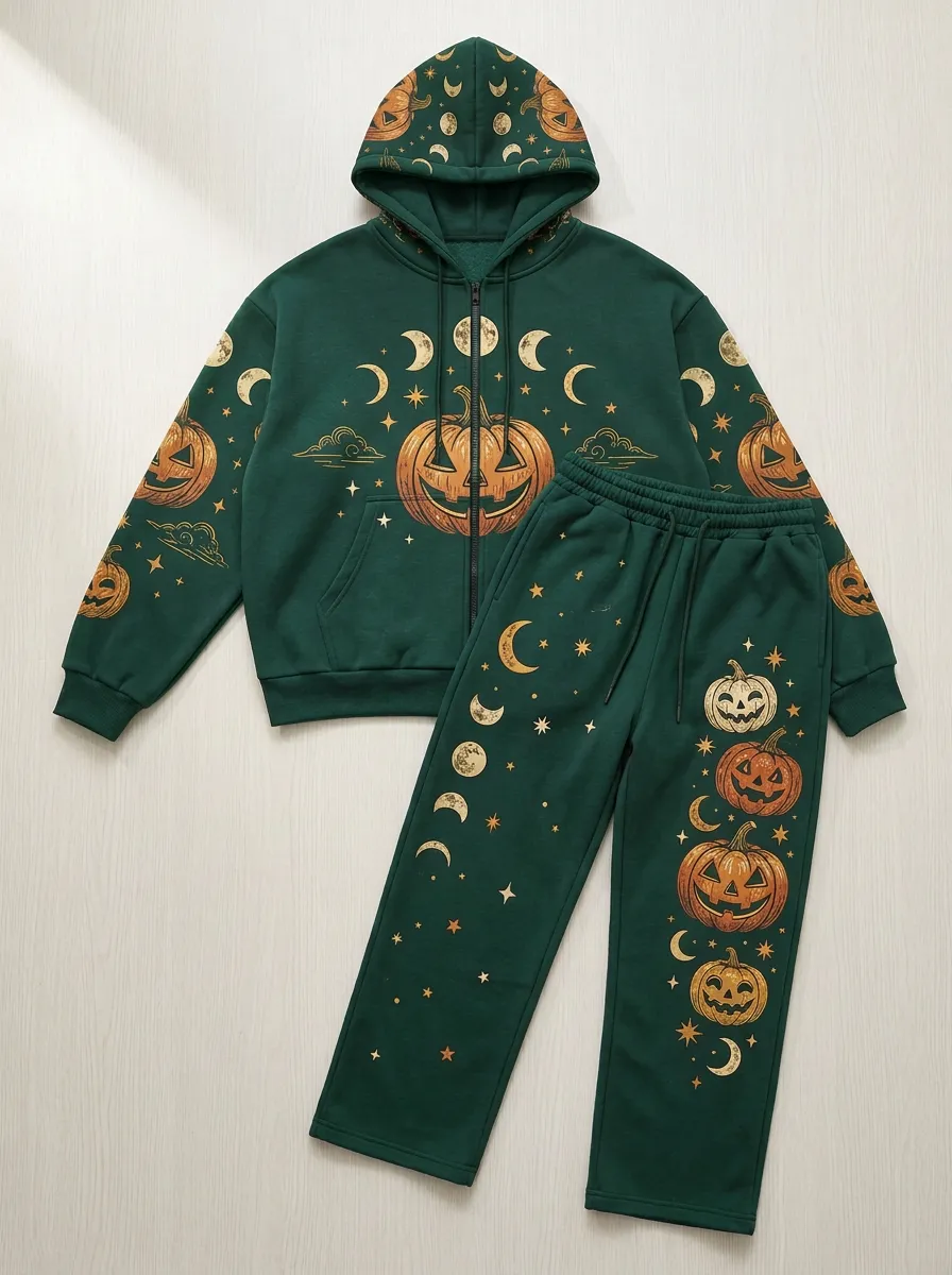 Unisex Halloween Moon Pumpkin Celestial Printed Hoodie Pants Set