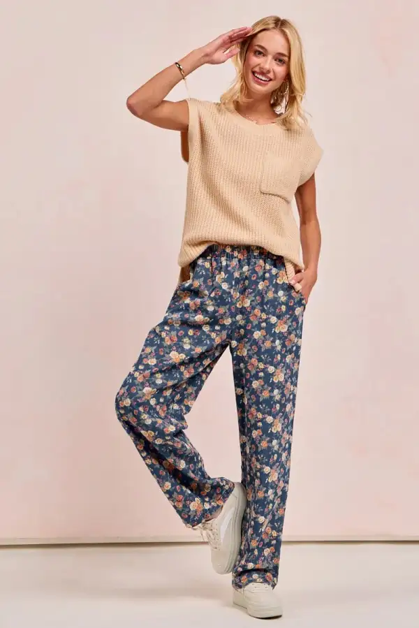 Denim Floral Print High Rise Wide Leg Jeans