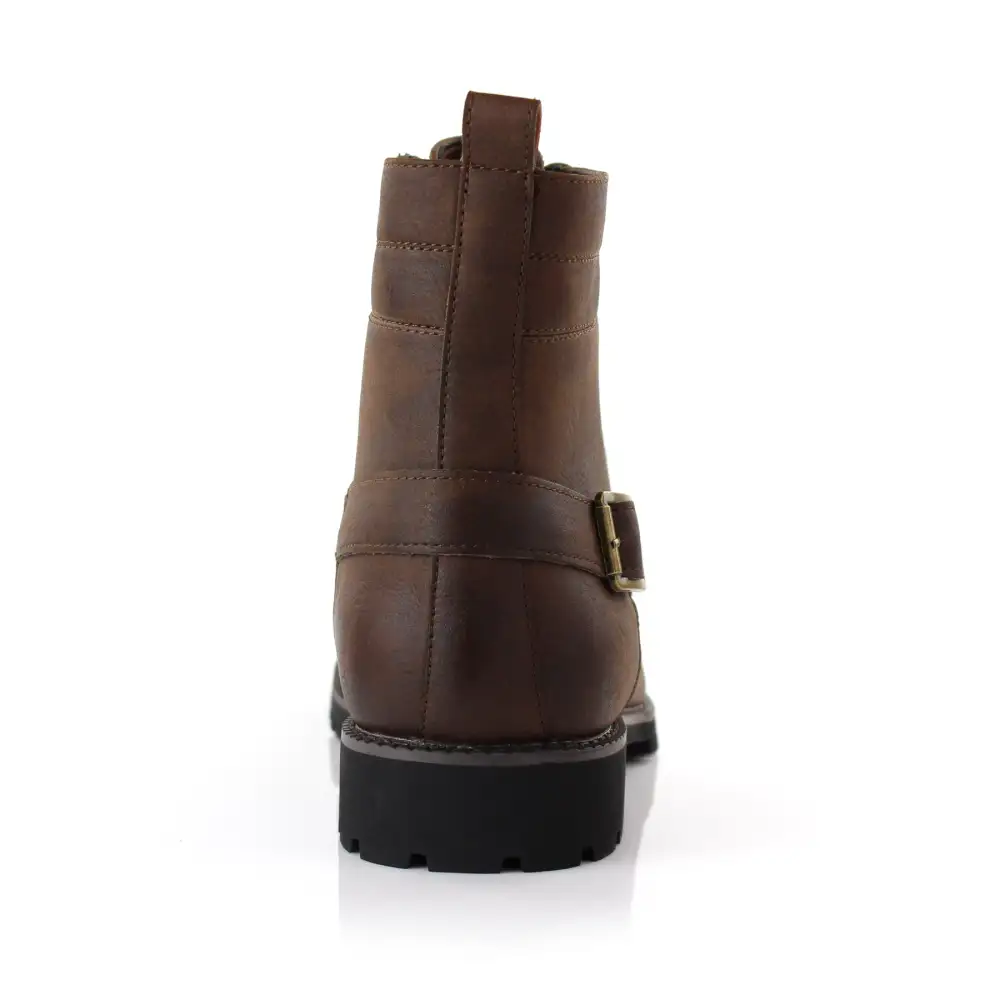 Faux-Leather Lace-Up Buckle-Detail Combat Boots