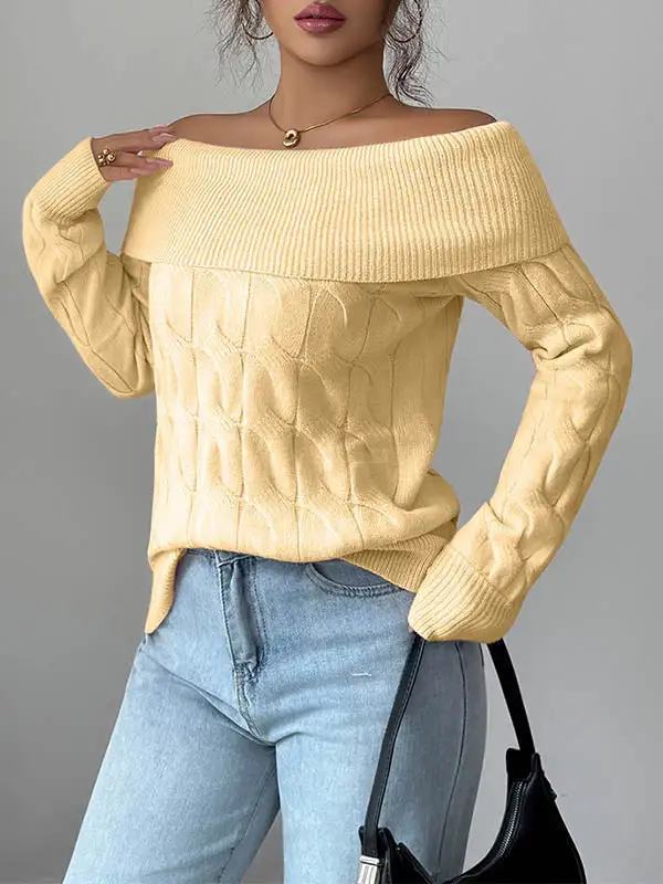 Paneled Off Shoulder Long Sleeve Pullover Sweater
