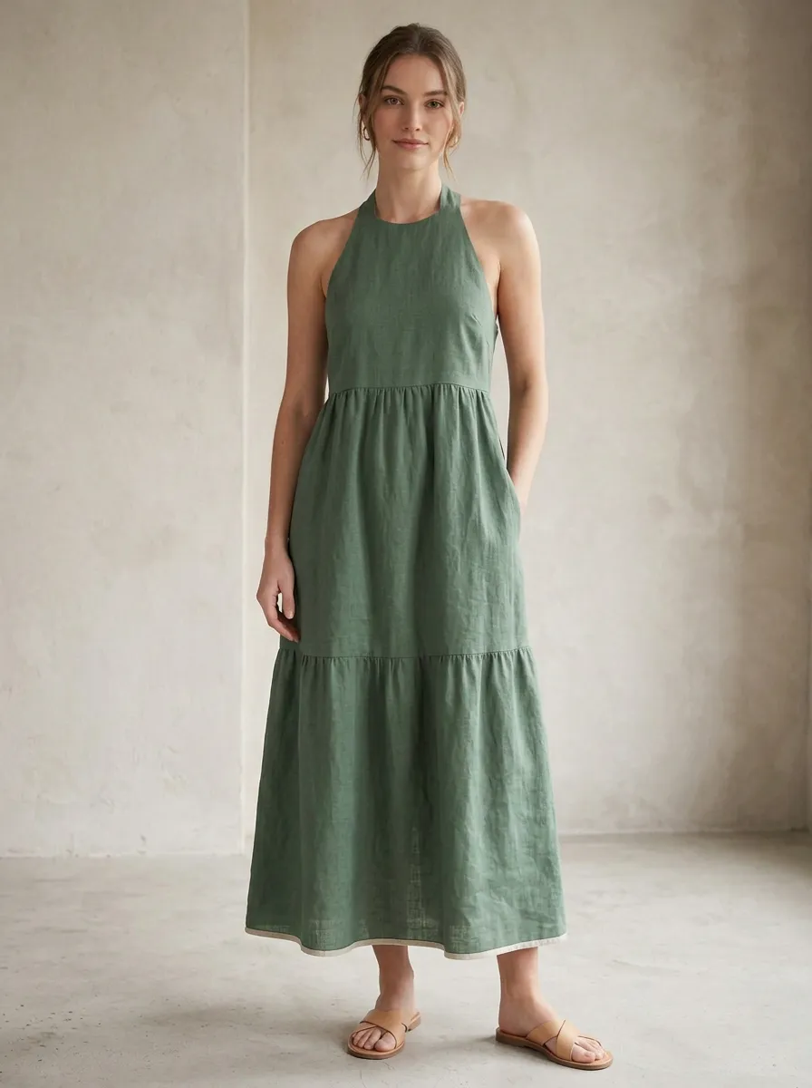 Women's Cross-Back Linen Maxi Backless Dress