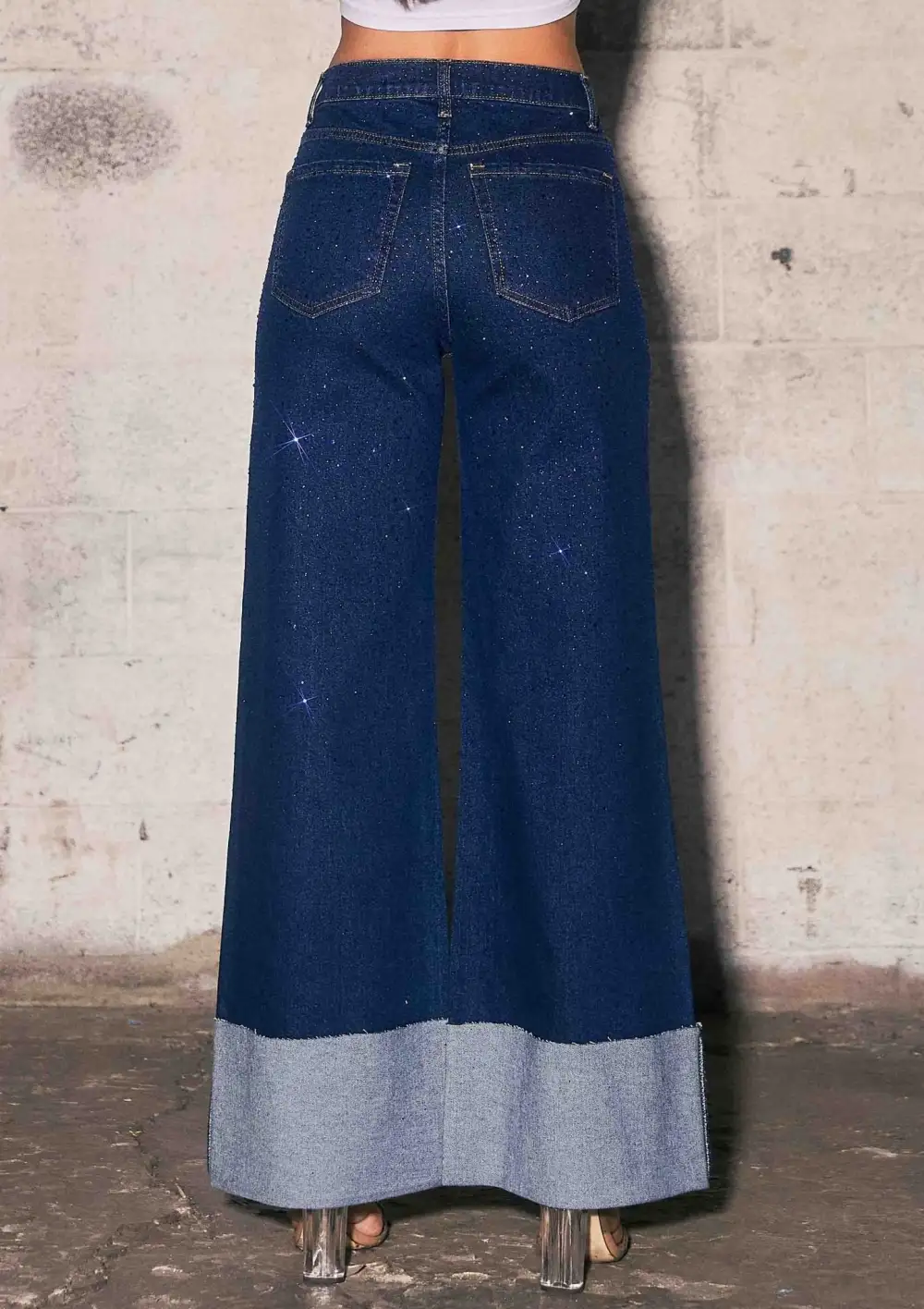Folded Cuff Rhinestone Wide Leg Jeans