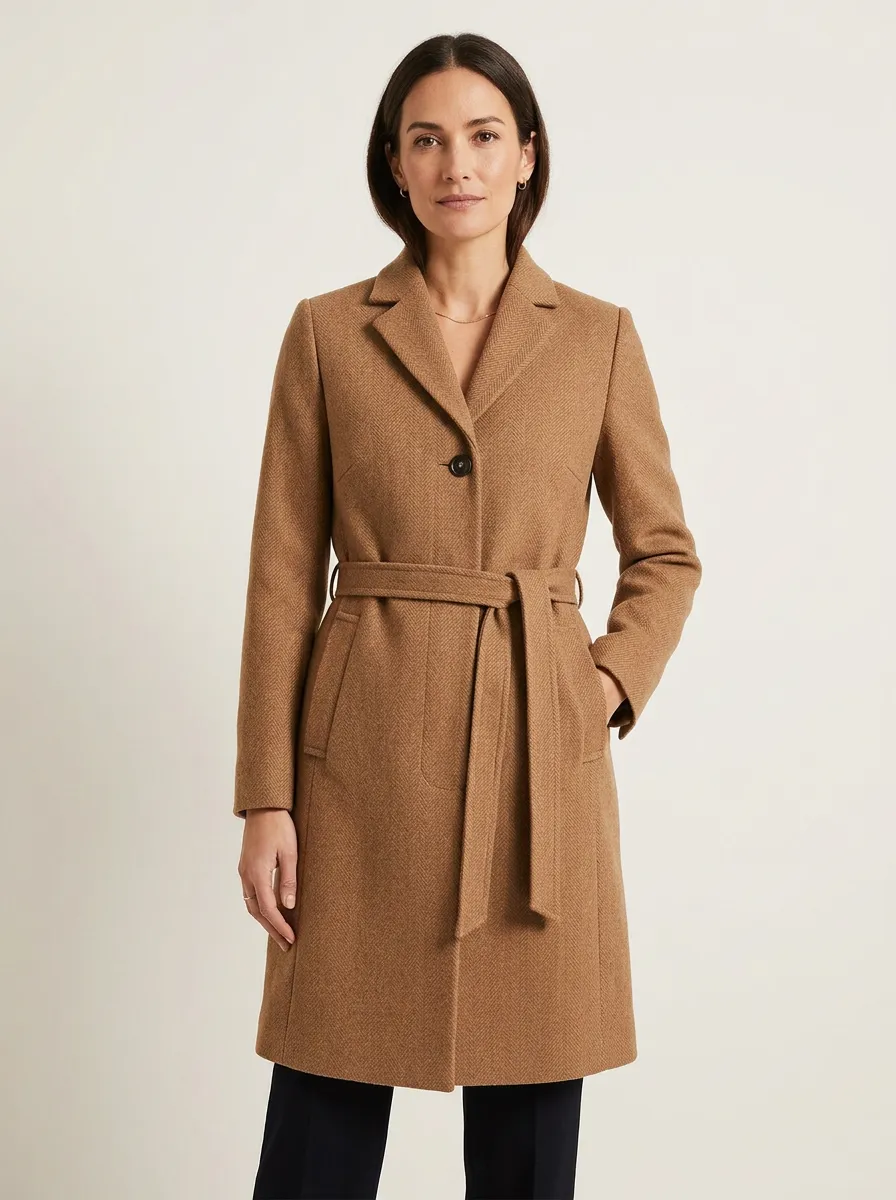 Women's Classic Camel Herringbone Belted Wool-Blend Coat