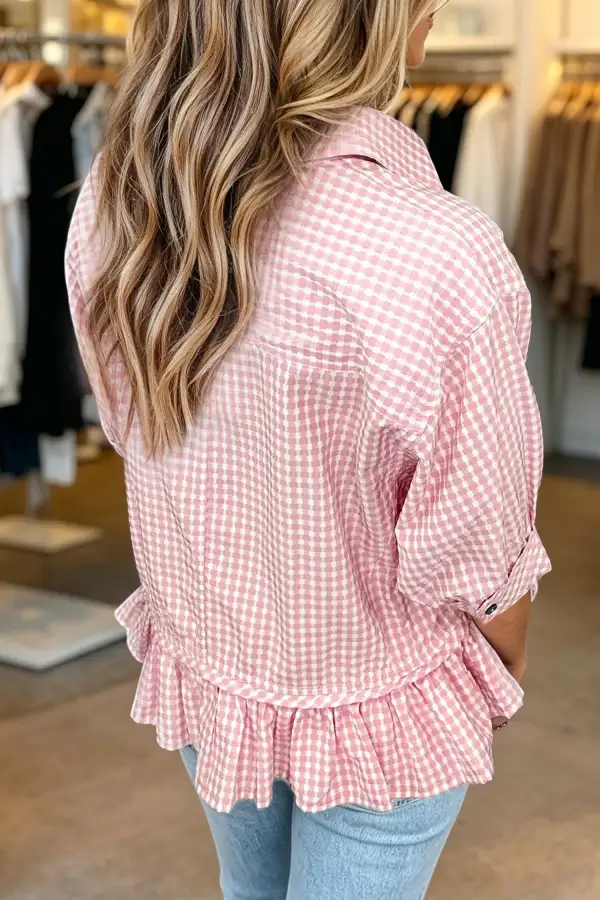 Women's Plaid Half Sleeve Ruffled Blouse