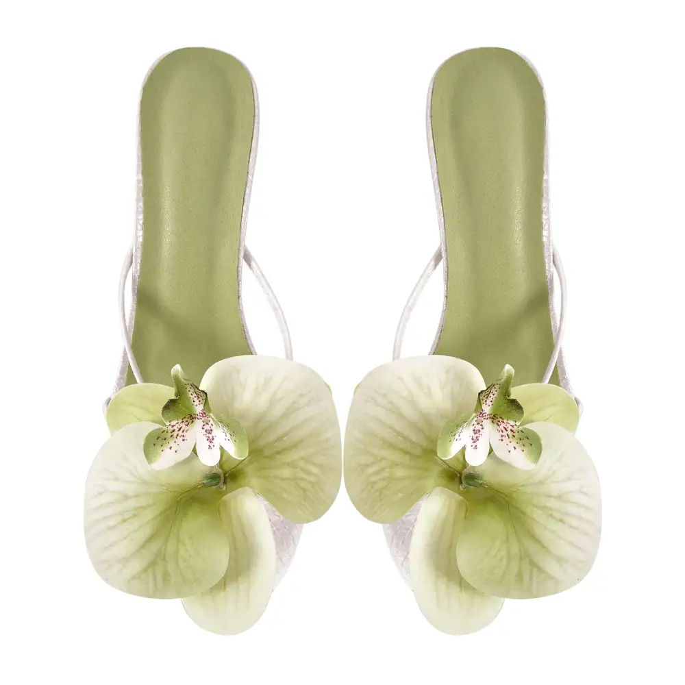Flower Round Toe Clear Heel Thong Mule Sandals