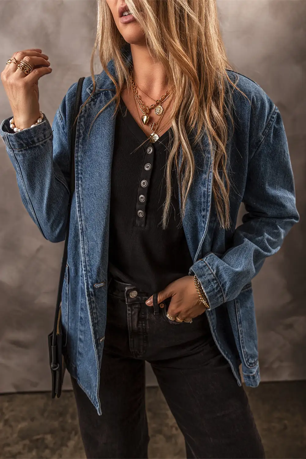 Lapel-Collar Collared Denim Pocketed Jacket