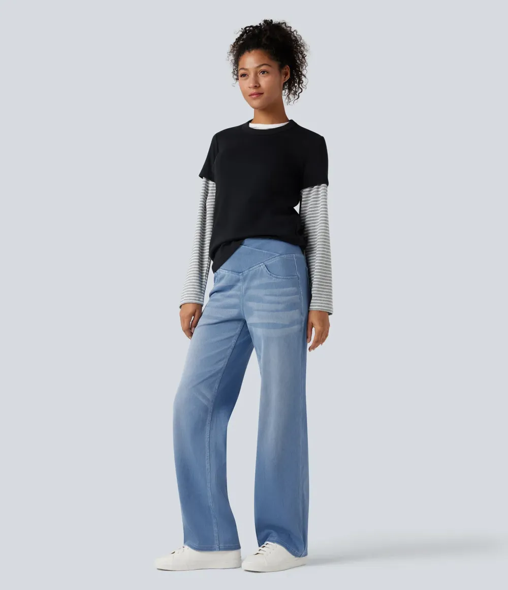 High-waisted, relaxed, crossover straight-leg jeans with  pockets