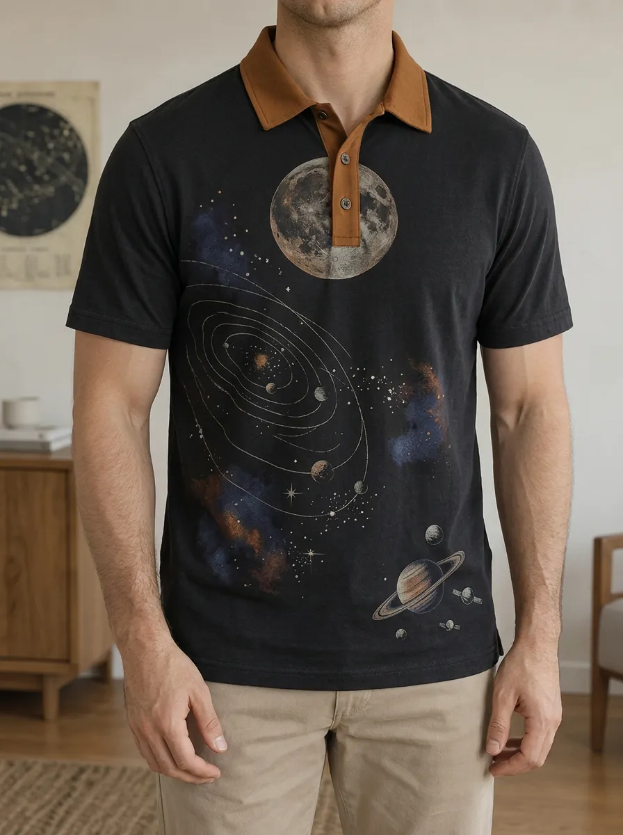 Men's Astronomy Lover Solar System Moon Printed Polo Shirt