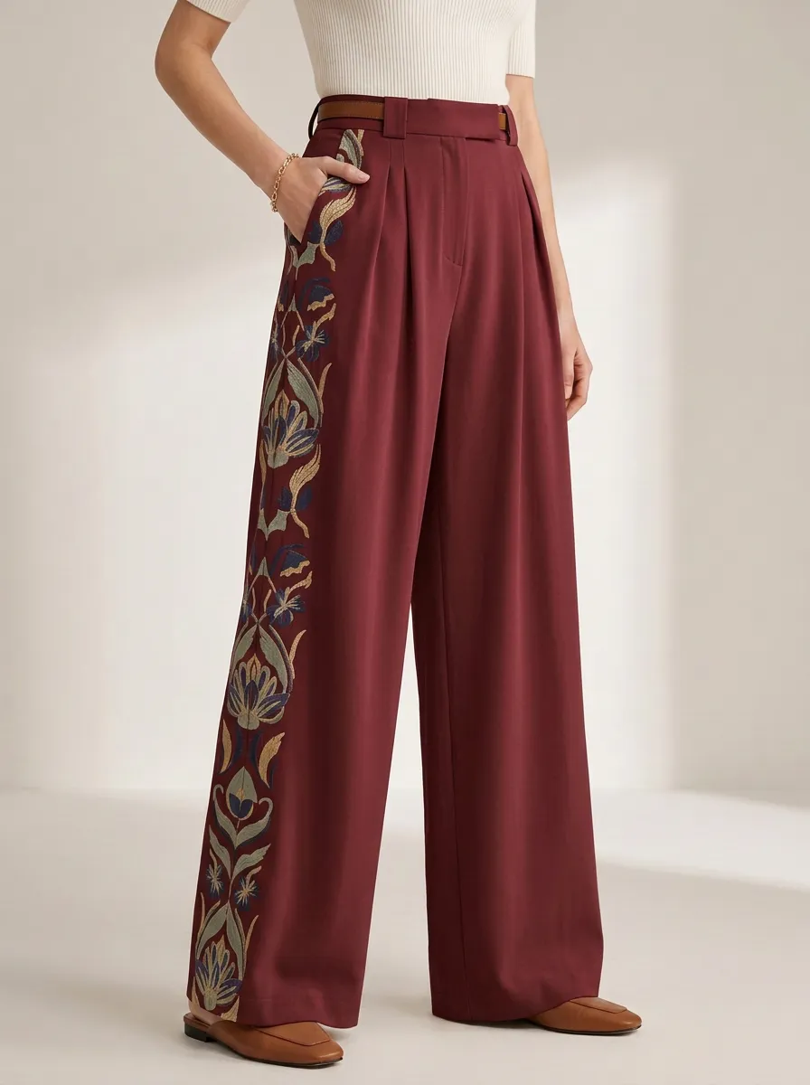 Women's Vintage Floral Side-Panel Patterned High-Waist Wide-Leg Trousers
