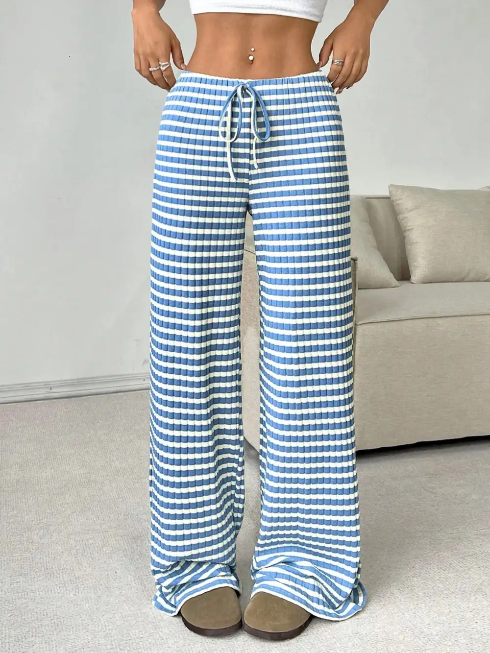 Relaxed Striped Wide Leg Drawstring Pants