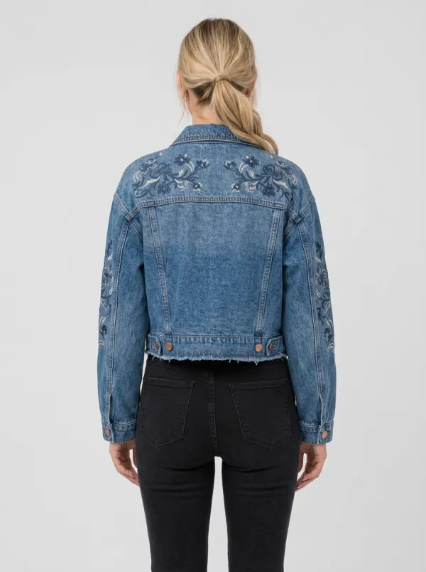 Women's Floral Embroidery Distressed Denim Jacket