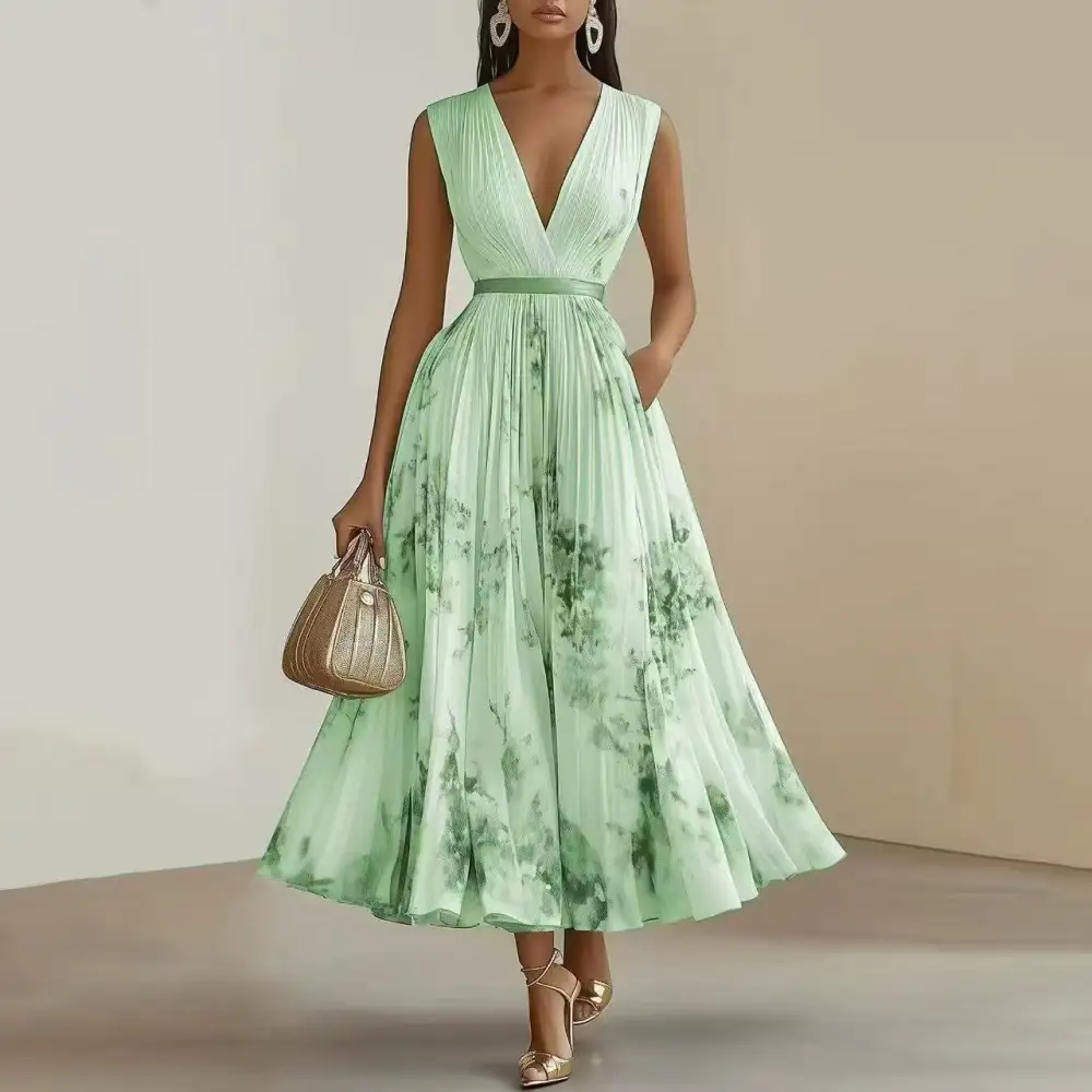  Pleated V Neck Maxi Dress