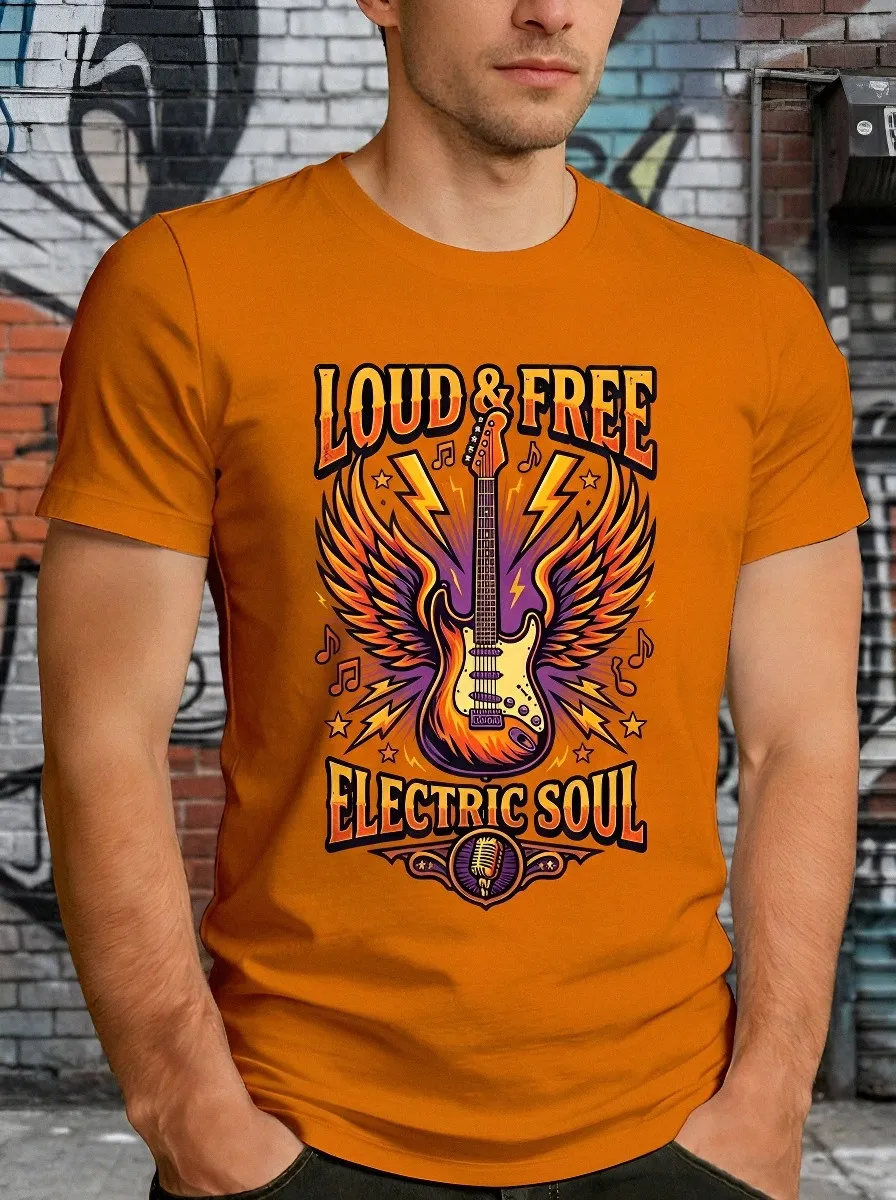 Men's Rock Music Lover Winged Electric Guitar Printed T-shirt