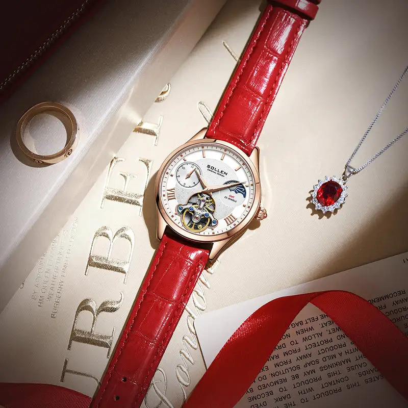 Sollen SL462 Multi-Function Automatic Watch - Women's Genuine Leather Open-Heart Flywheel Wristwatch