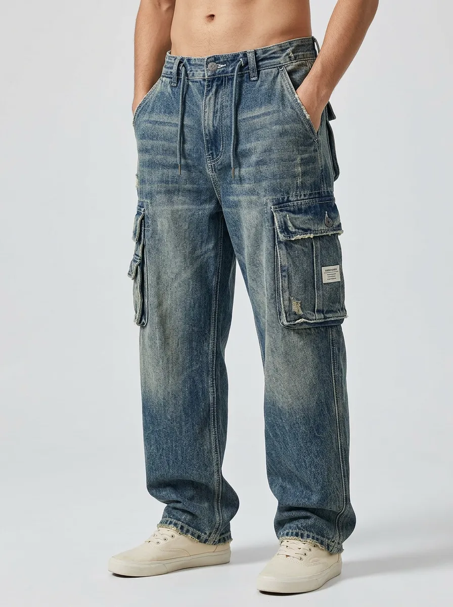 Men's Vintage Distressed Denim Multi-Pocket Cargo Jeans