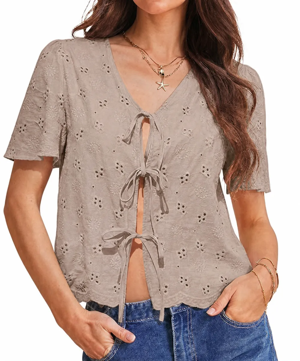 Women's Eyelet Embroidered Tie-Front Blouse