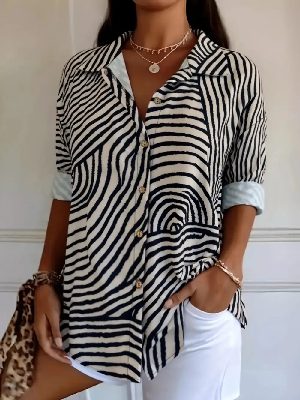 Plus Size Abstract Zebra Print Button Down Shirt