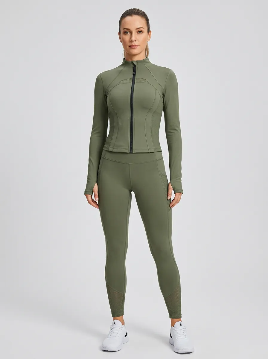 Modern Mesh Panel Mesh Detail Zip Front Layering Style Women's Sport Jacket and Leggings Set