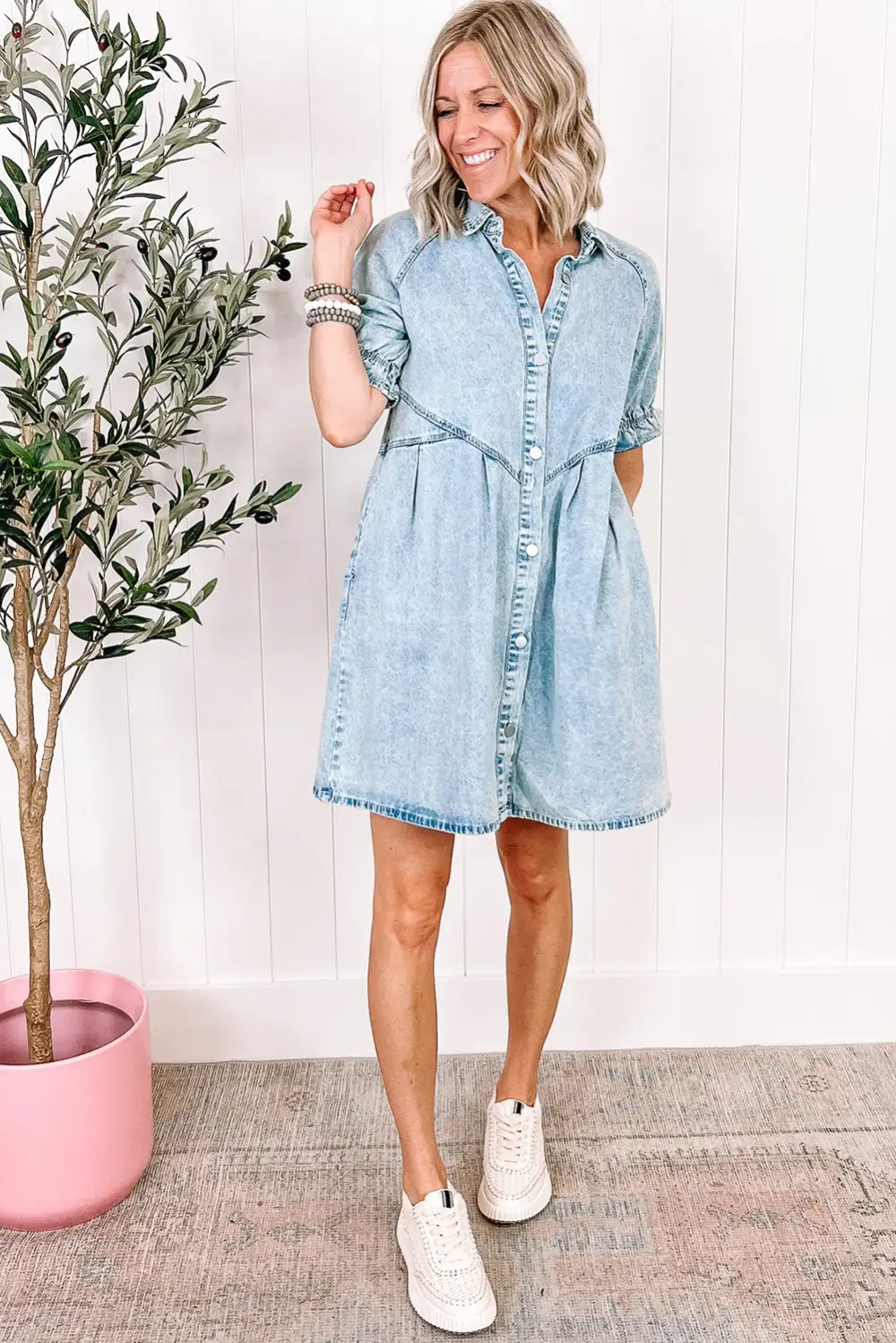 Beau Mineral Wash Ruffled Short Sleeve Buttoned Denim Dress